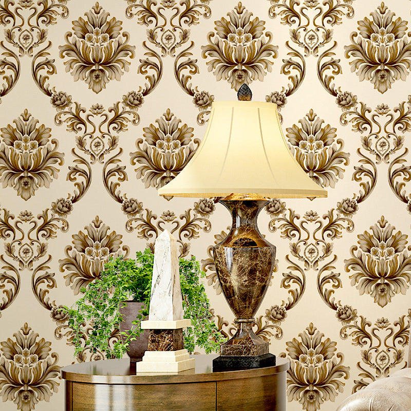 Soft-Color Damask Wallpaper Flower Vintage Moisture Resistant Wall Art for Living Room Light Khaki Clearhalo 'Vintage wall decor' 'Vintage' 'Wallpaper' Wall Decor' 1284449