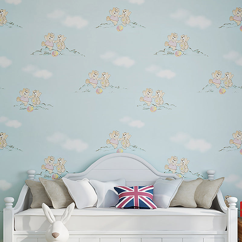 Pastel Color Bears Patterned Wallpaper Stain Resistant Wall Decor for Kids Bedroom Blue Clearhalo 'Wall Decor' 'Wallpaper' 1284784