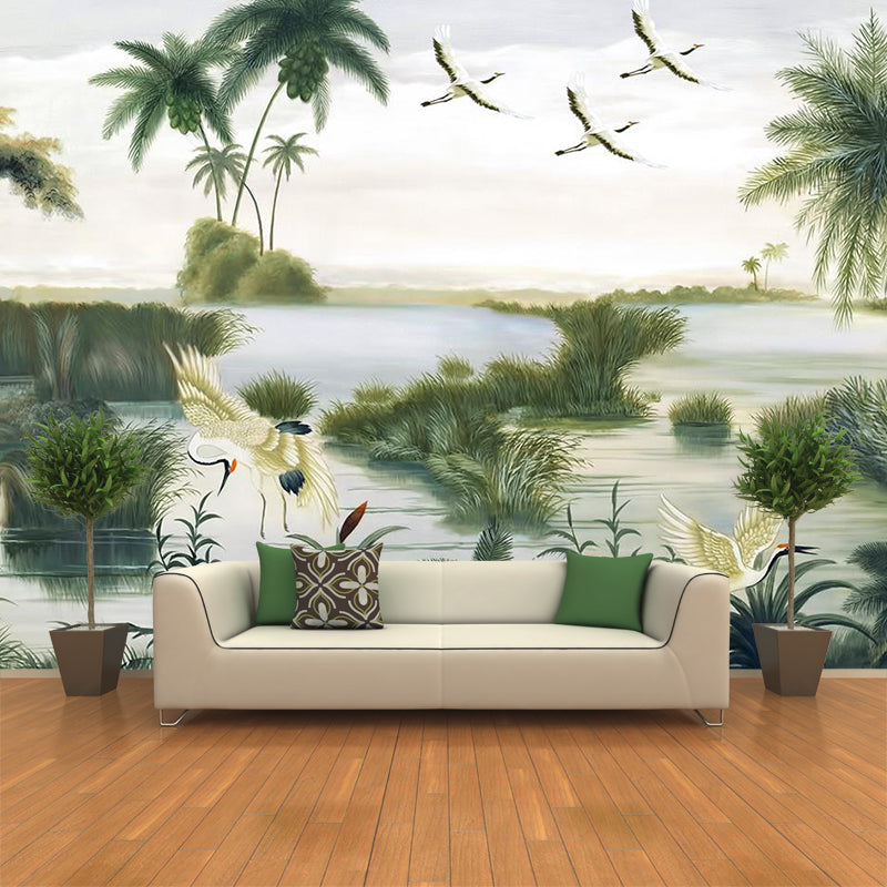 Asian Red-Crown Crane Murals Wallpaper Green Water Landscape Wall Decor for Living Room Green Clearhalo 'Wall Decor' 'Wall Mural' 1284837