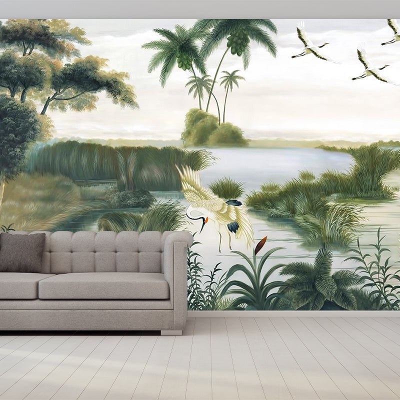 Asian Red-Crown Crane Murals Wallpaper Green Water Landscape Wall Decor for Living Room Clearhalo 'Wall Decor' 'Wall Mural' 1284839