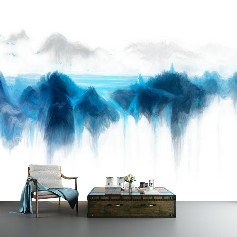 River Mountain Landscape Mural Wallpaper Blue and White Modern Art Wall Covering for Home Clearhalo 'Wall Decor' 'Wall Mural' 1284863