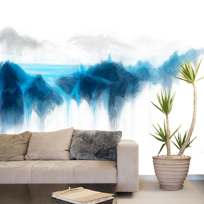 River Mountain Landscape Mural Wallpaper Blue and White Modern Art Wall Covering for Home Clearhalo 'Wall Decor' 'Wall Mural' 1284864