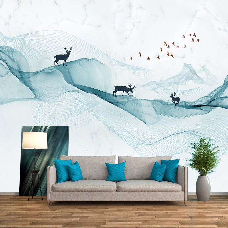 Modern Art Deer-Mountain Murals for Living Room Custom Size Wall Decor in Green-White Green-White Clearhalo 'Wall Decor' 'Wall Mural' 1284882