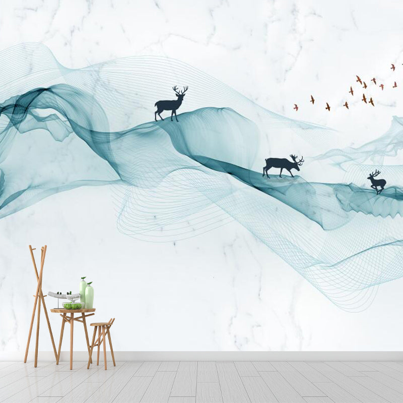 Modern Art Deer-Mountain Murals for Living Room Custom Size Wall Decor in Green-White Clearhalo 'Wall Decor' 'Wall Mural' 1284883