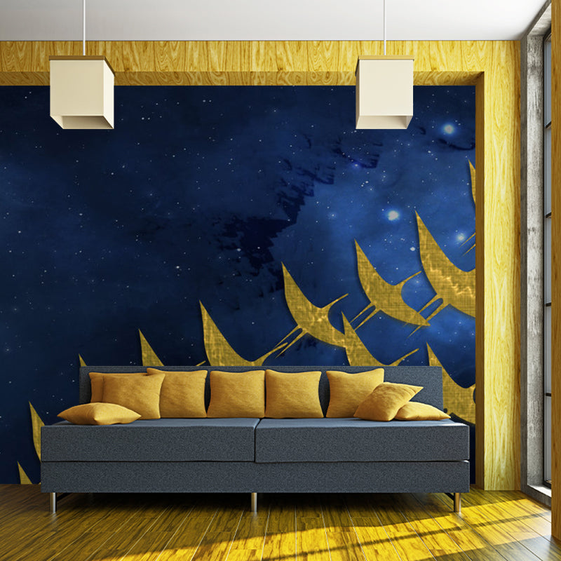 Full Size Abstract Wall Mural Artistic Imaginative Gulls at Starry Night Wall Art in Yellow-Blue Yellow-Blue Clearhalo 'Wall Decor' 'Wall Mural' 1284979