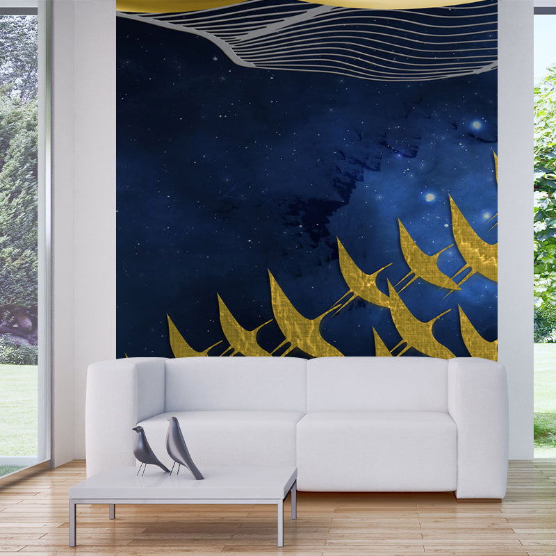 Full Size Abstract Wall Mural Artistic Imaginative Gulls at Starry Night Wall Art in Yellow-Blue Clearhalo 'Wall Decor' 'Wall Mural' 1284981