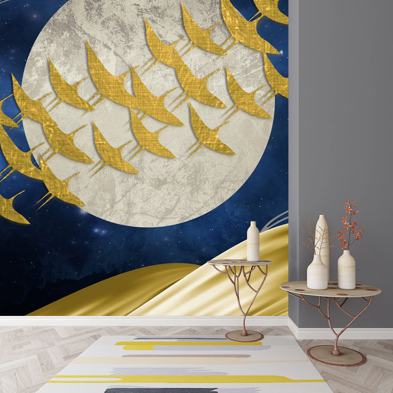 Personalized Illustration Artistry Mural with Flock of Birds Fly Across Full Moon in Yellow-Blue Yellow-Blue Clearhalo 'Wall Decor' 'Wall Mural' 1284984