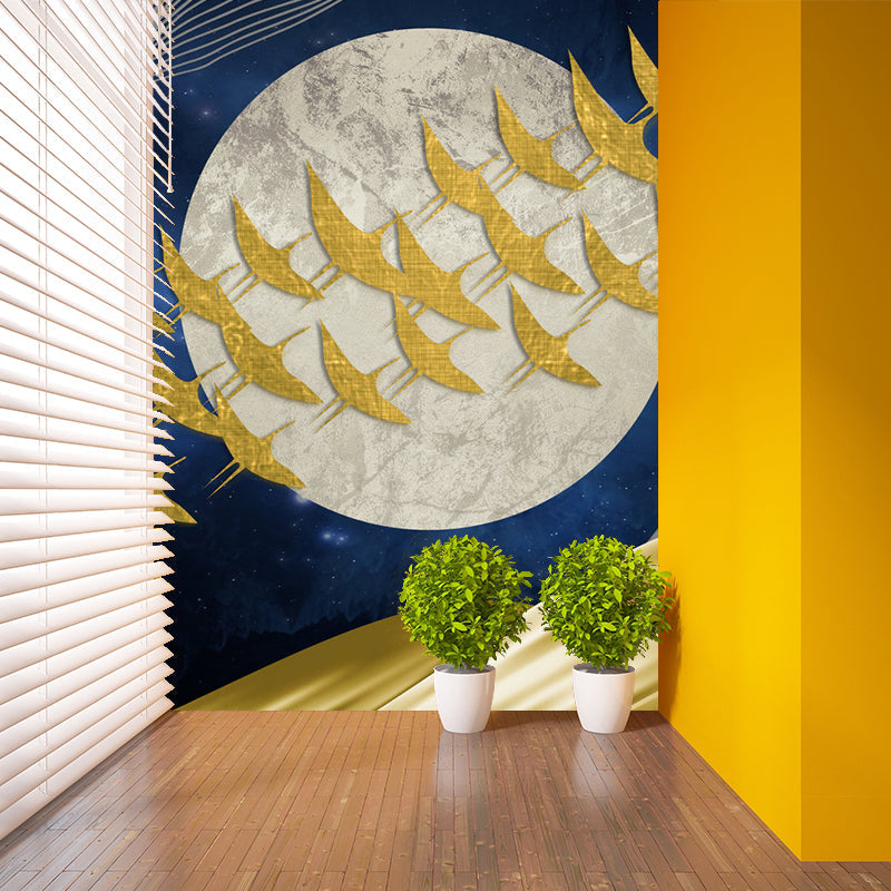 Personalized Illustration Artistry Mural with Flock of Birds Fly Across Full Moon in Yellow-Blue Clearhalo 'Wall Decor' 'Wall Mural' 1284985