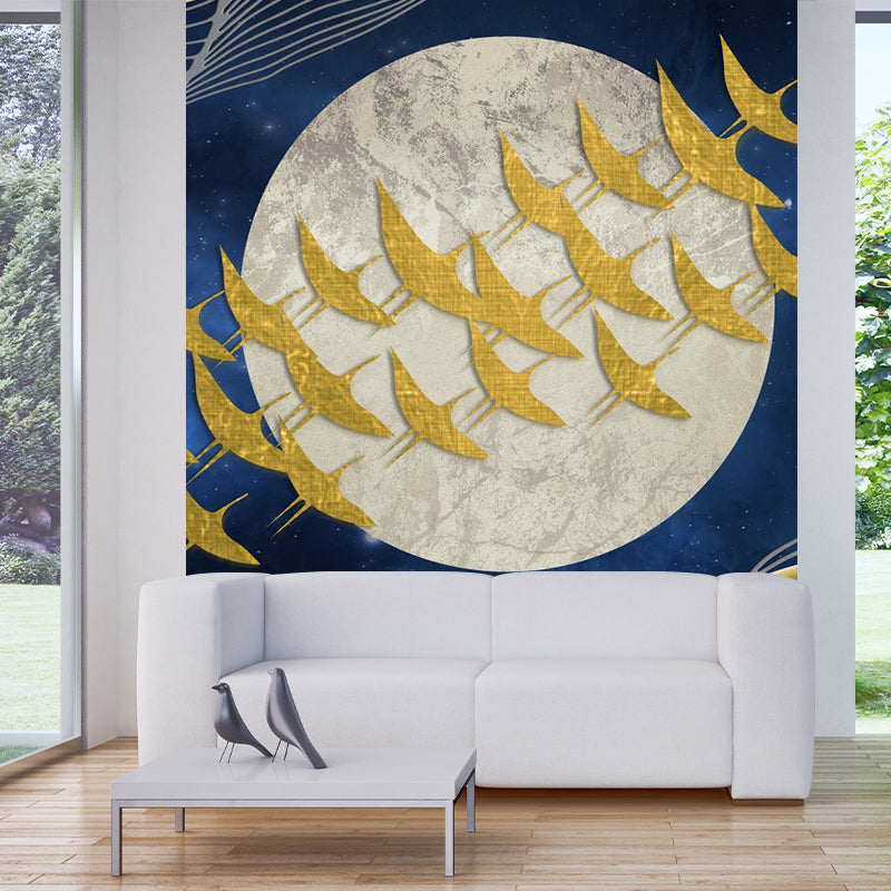 Personalized Illustration Artistry Mural with Flock of Birds Fly Across Full Moon in Yellow-Blue Clearhalo 'Wall Decor' 'Wall Mural' 1284986