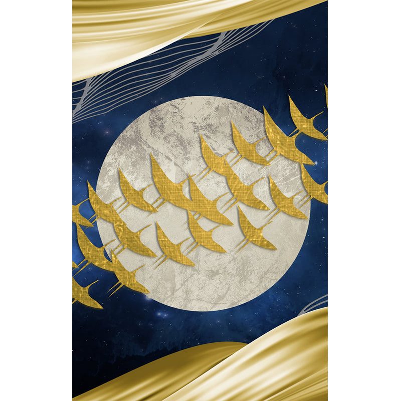 Personalized Illustration Artistry Mural with Flock of Birds Fly Across Full Moon in Yellow-Blue Clearhalo 'Wall Decor' 'Wall Mural' 1284987