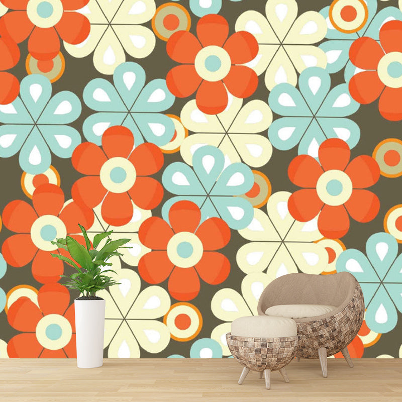 Artistic Scattered Flower Wallpaper Mural Blue-Orange-Yellow Moisture Resistant Wall Art for Home Clearhalo 'Wall Decor' 'Wall Mural' 1285010