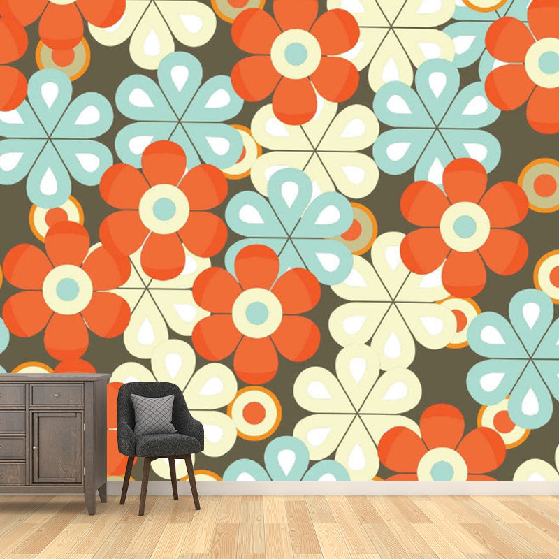 Artistic Scattered Flower Wallpaper Mural Blue-Orange-Yellow Moisture Resistant Wall Art for Home Clearhalo 'Wall Decor' 'Wall Mural' 1285011