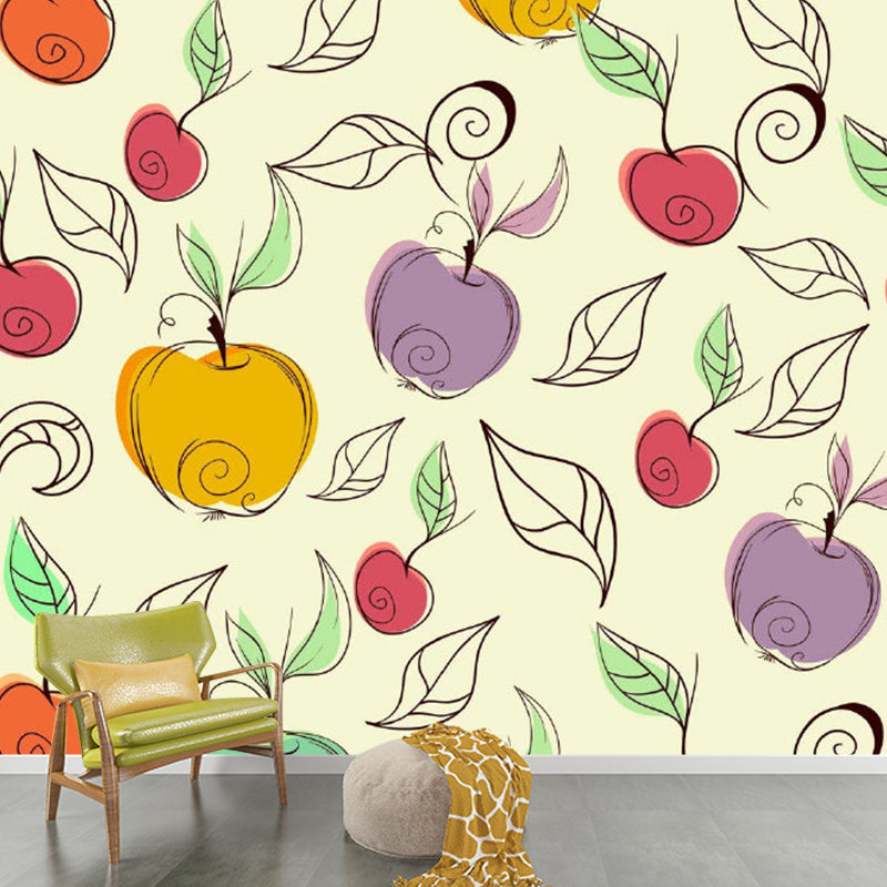 Childrens Art Apple Wall Mural Purple-Yellow Fruit Wall Covering for Kindergarten Purple-Yellow Clearhalo 'Wall Decor' 'Wall Mural' 1285014