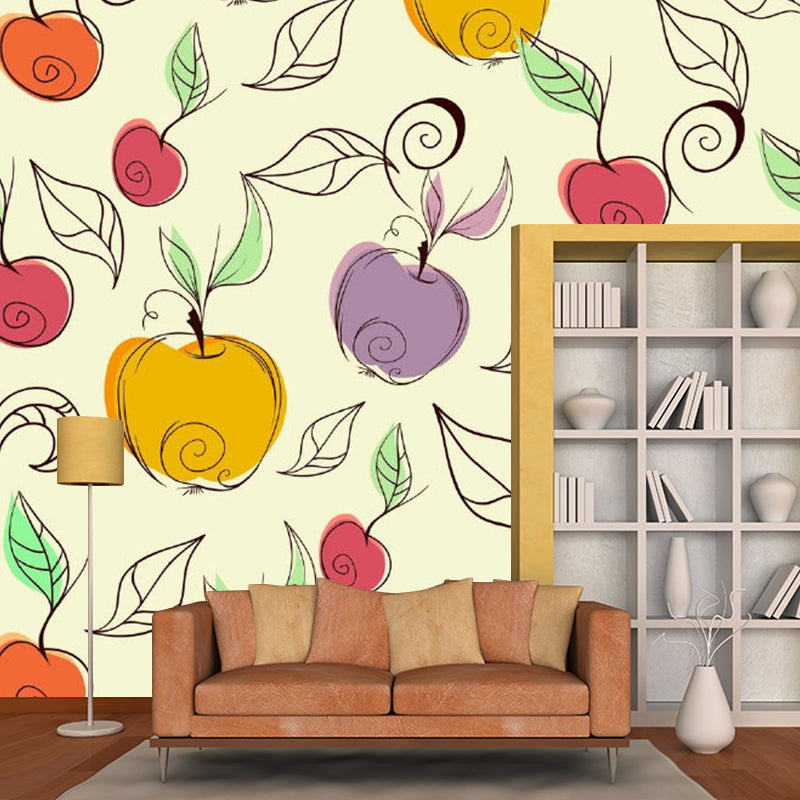 Childrens Art Apple Wall Mural Purple-Yellow Fruit Wall Covering for Kindergarten Clearhalo 'Wall Decor' 'Wall Mural' 1285015