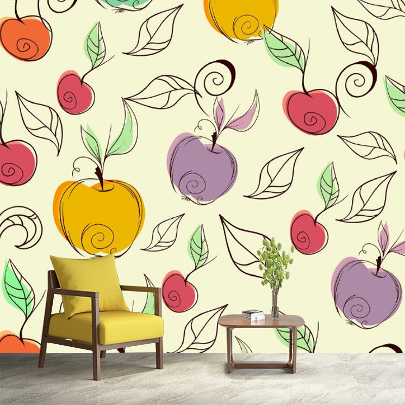 Childrens Art Apple Wall Mural Purple-Yellow Fruit Wall Covering for Kindergarten Clearhalo 'Wall Decor' 'Wall Mural' 1285016