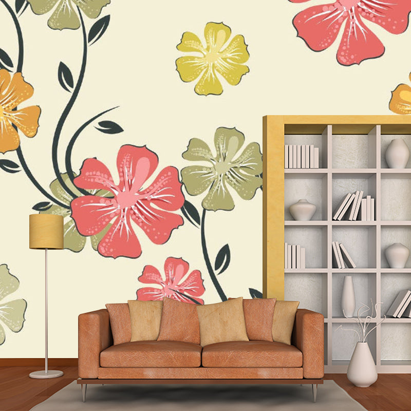 Full Size Flower Print Mural Wallpaper Red-Yellow-Green Non-Woven Wall Art, Washable, Custom Made Red-Yellow-Green Clearhalo 'Wall Decor' 'Wall Mural' 1285019