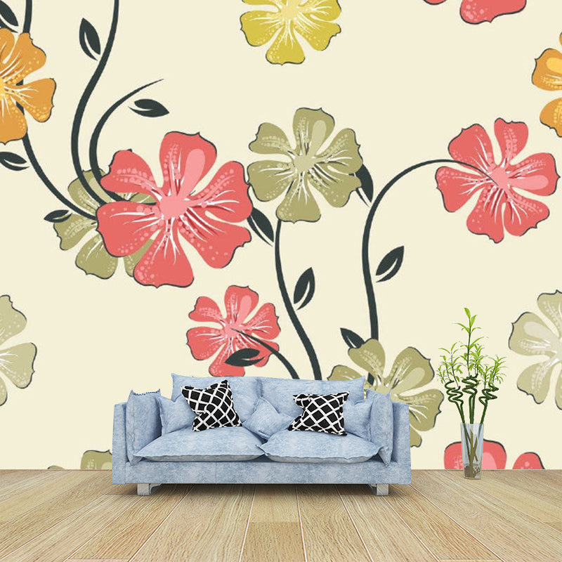 Full Size Flower Print Mural Wallpaper Red-Yellow-Green Non-Woven Wall Art, Washable, Custom Made Clearhalo 'Wall Decor' 'Wall Mural' 1285020