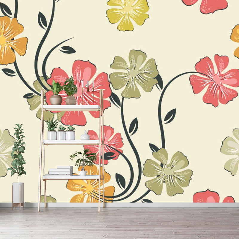 Full Size Flower Print Mural Wallpaper Red-Yellow-Green Non-Woven Wall Art, Washable, Custom Made Clearhalo 'Wall Decor' 'Wall Mural' 1285021