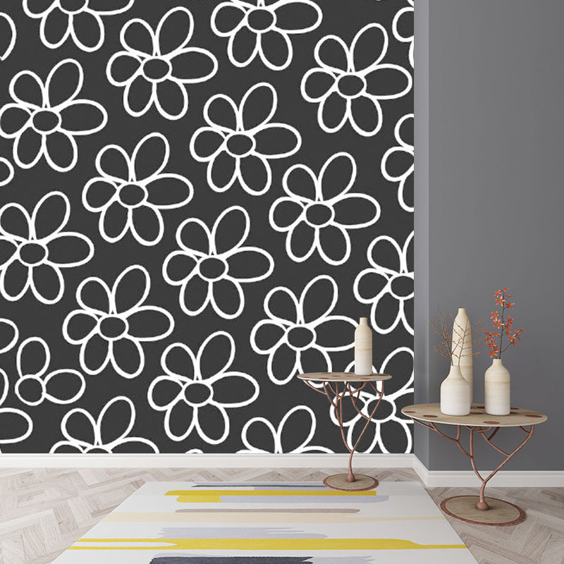 Simple Flower Wall Paper Mural for Bedroom Customized Wall Covering in White on Black Black-White Clearhalo 'Wall Decor' 'Wall Mural' 1285034