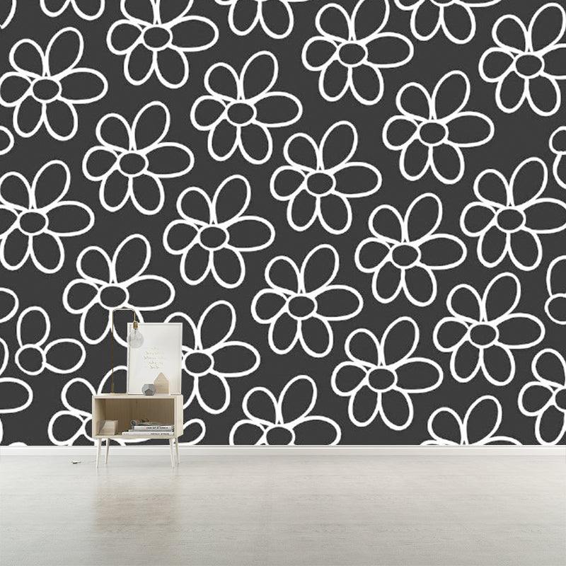 Simple Flower Wall Paper Mural for Bedroom Customized Wall Covering in White on Black Clearhalo 'Wall Decor' 'Wall Mural' 1285035