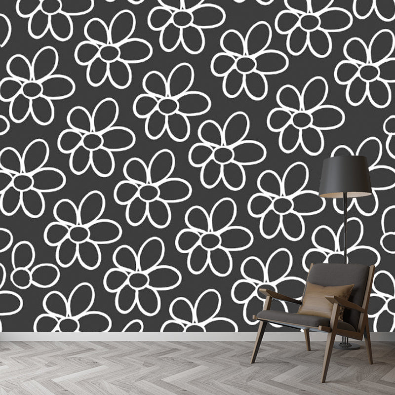 Simple Flower Wall Paper Mural for Bedroom Customized Wall Covering in White on Black Clearhalo 'Wall Decor' 'Wall Mural' 1285036