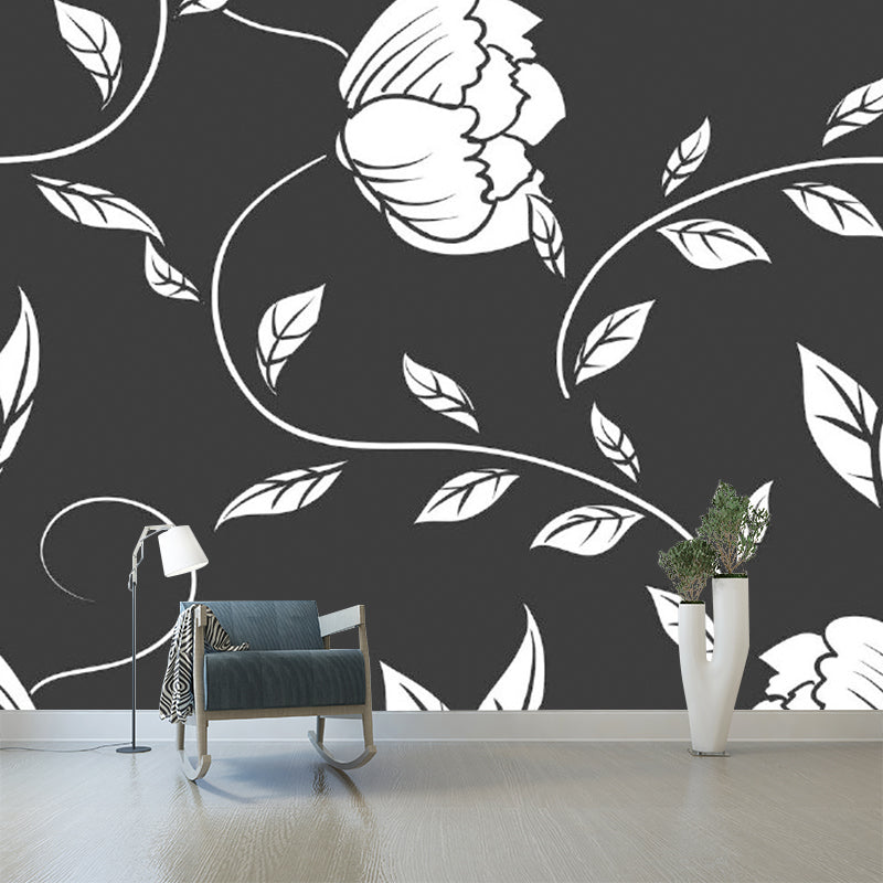 Modernist Twisting Peony Wall Murals Black-White Flower Wall Decoration for Bedroom Black-White Clearhalo 'Wall Decor' 'Wall Mural' 1285039