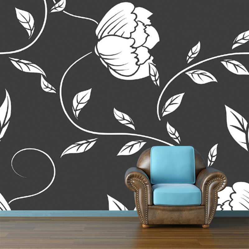 Modernist Twisting Peony Wall Murals Black-White Flower Wall Decoration for Bedroom Clearhalo 'Wall Decor' 'Wall Mural' 1285040