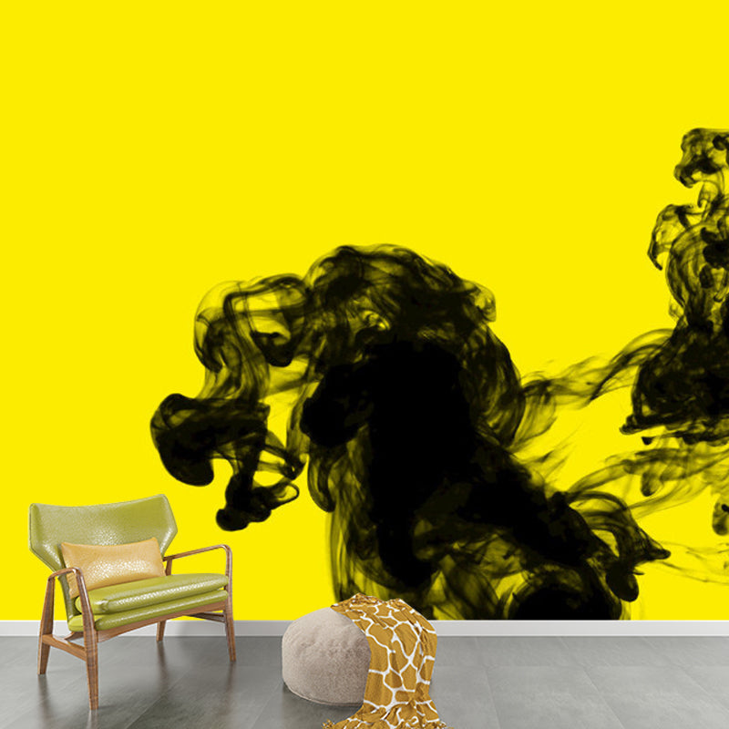 Minimalist Ink in Water Mural Decal for Living Room Customized Wall Art in Black on Yellow Yellow-Black Clearhalo 'Wall Decor' 'Wall Mural' 1285064