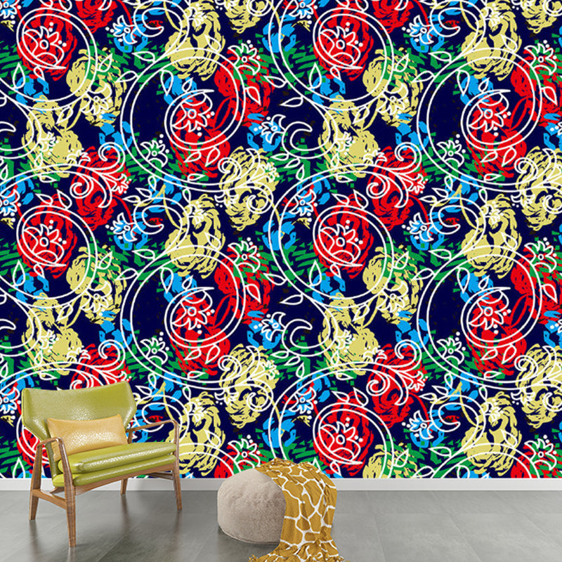 Peonies and Swirl Vine Mural Decal Red-Yellow-Blue Stylish Wall Covering for Bedroom Red-Yellow-Blue Clearhalo 'Wall Decor' 'Wall Mural' 1285109