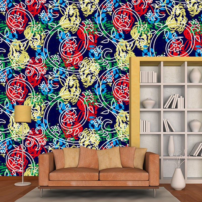 Peonies and Swirl Vine Mural Decal Red-Yellow-Blue Stylish Wall Covering for Bedroom Clearhalo 'Wall Decor' 'Wall Mural' 1285110