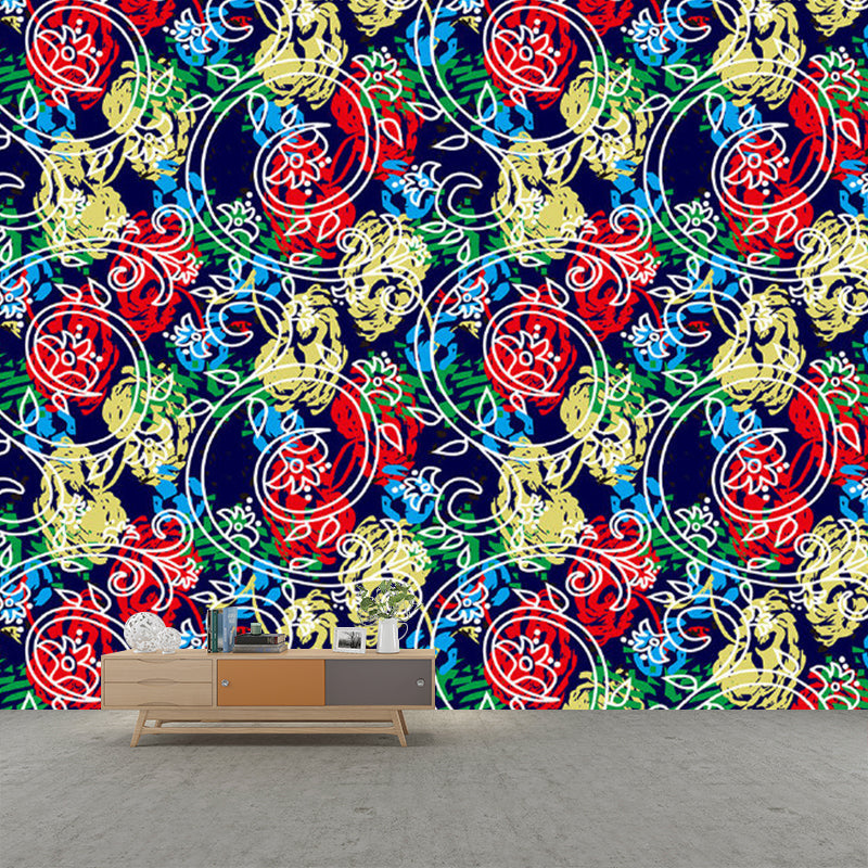 Peonies and Swirl Vine Mural Decal Red-Yellow-Blue Stylish Wall Covering for Bedroom Clearhalo 'Wall Decor' 'Wall Mural' 1285111