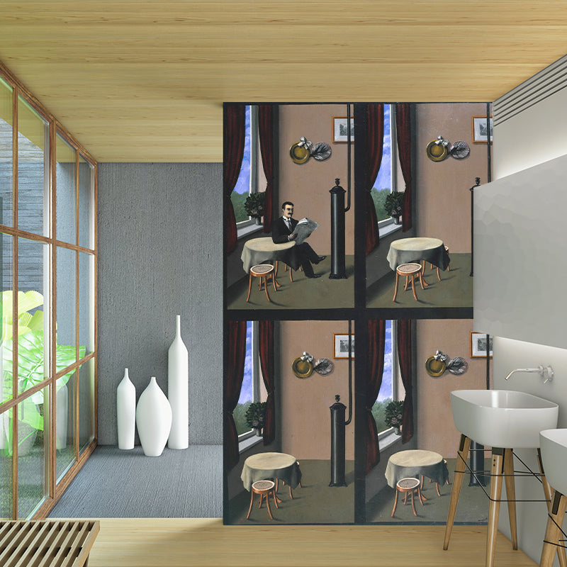 Personalized Illustration Surreal Murals with Man Reading A Newspaper Pattern in Brown Clearhalo 'Wall Decor' 'Wall Mural' 1285126