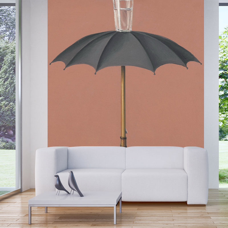 Grey-Red Surrealistic Mural Wallpaper Large Umbrella with Glass Cup Top Wall Decor for Home Gray-Red Clearhalo 'Wall Decor' 'Wall Mural' 1285129