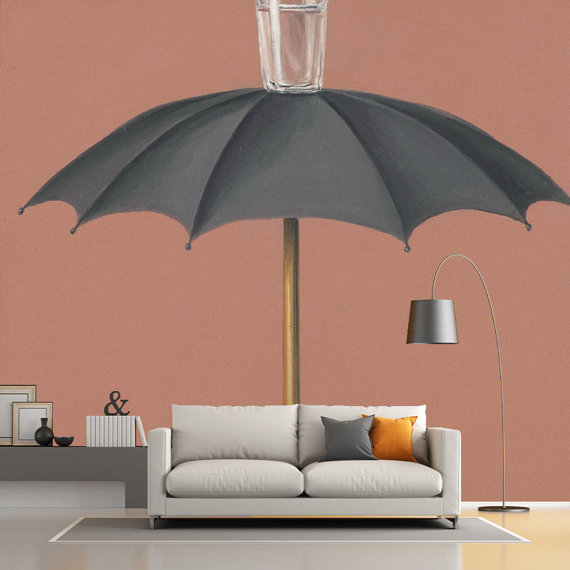 Grey-Red Surrealistic Mural Wallpaper Large Umbrella with Glass Cup Top Wall Decor for Home Clearhalo 'Wall Decor' 'Wall Mural' 1285130