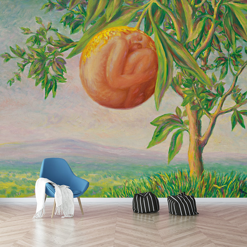 Rene La Vie Heureuse Mural Wallpaper in Orange-Green Surrealist Wall Covering for Living Room Orange-Green Clearhalo 'Wall Decor' 'Wall Mural' 1285169