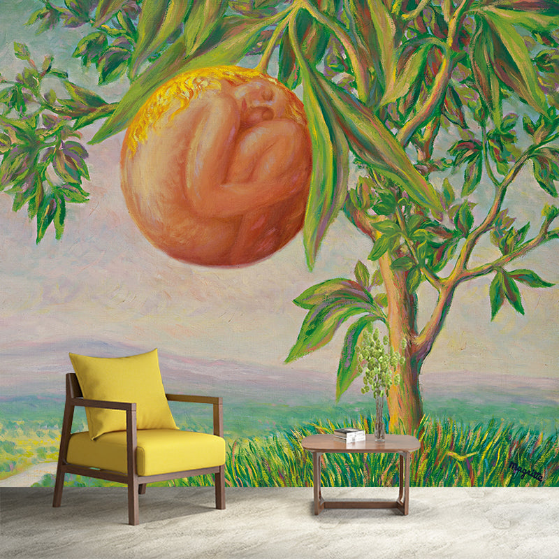 Rene La Vie Heureuse Mural Wallpaper in Orange-Green Surrealist Wall Covering for Living Room Clearhalo 'Wall Decor' 'Wall Mural' 1285170