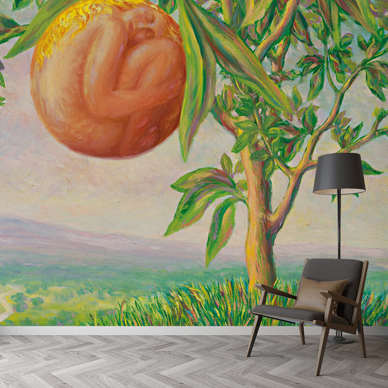 Rene La Vie Heureuse Mural Wallpaper in Orange-Green Surrealist Wall Covering for Living Room Clearhalo 'Wall Decor' 'Wall Mural' 1285171