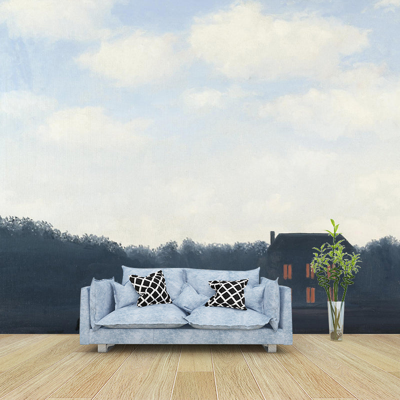 Landscape with Rider Painting Murals Blue-White Surrealistic Wall Art for Living Room Clearhalo 'Wall Decor' 'Wall Mural' 1285210