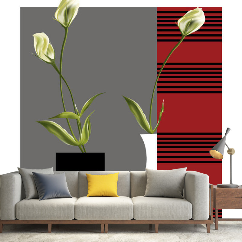 Minimalistic Tulip Flower Wall Mural Red-Grey Bedroom Wall Art, Custom Size Available Red-Gray Clearhalo 'Wall Decor' 'Wall Mural' 1285219