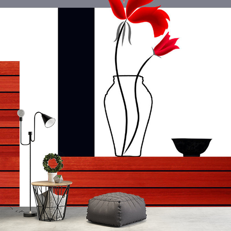 Huge Aesthetics Wall Paper Murals Red-Black Lily Vase and Wood Table Wall Decor, Custom Made Red-Black Clearhalo 'Wall Decor' 'Wall Mural' 1285232