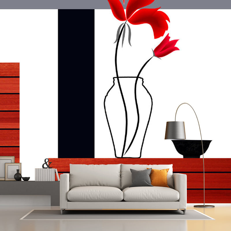 Huge Aesthetics Wall Paper Murals Red-Black Lily Vase and Wood Table Wall Decor, Custom Made Clearhalo 'Wall Decor' 'Wall Mural' 1285233