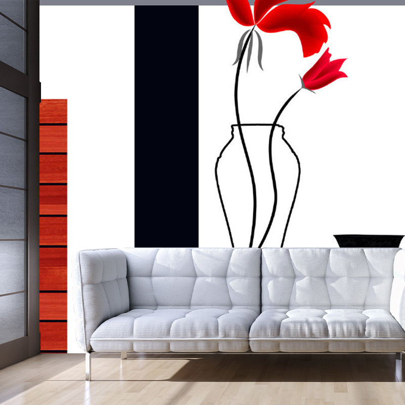 Huge Aesthetics Wall Paper Murals Red-Black Lily Vase and Wood Table Wall Decor, Custom Made Clearhalo 'Wall Decor' 'Wall Mural' 1285234