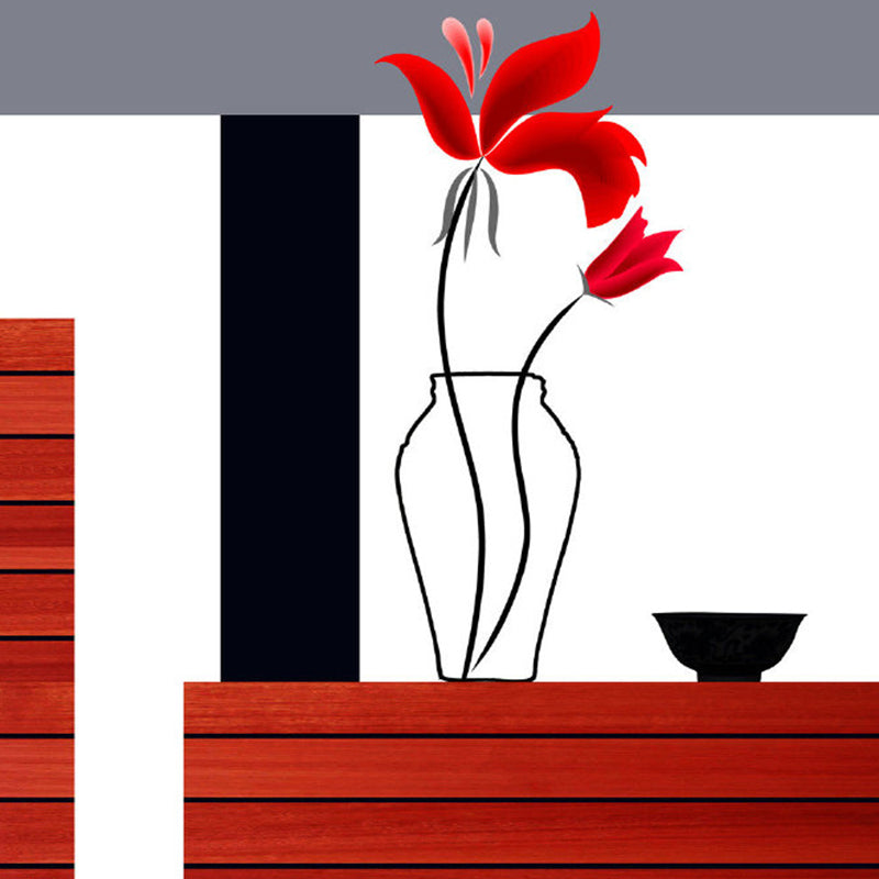 Huge Aesthetics Wall Paper Murals Red-Black Lily Vase and Wood Table Wall Decor, Custom Made Clearhalo 'Wall Decor' 'Wall Mural' 1285235