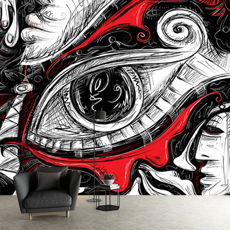 Hip Hop Death Eye Wall Murals Non-Woven Waterproof Red-Black Wall Art for Bedroom Clearhalo 'Wall Decor' 'Wall Mural' 1285303