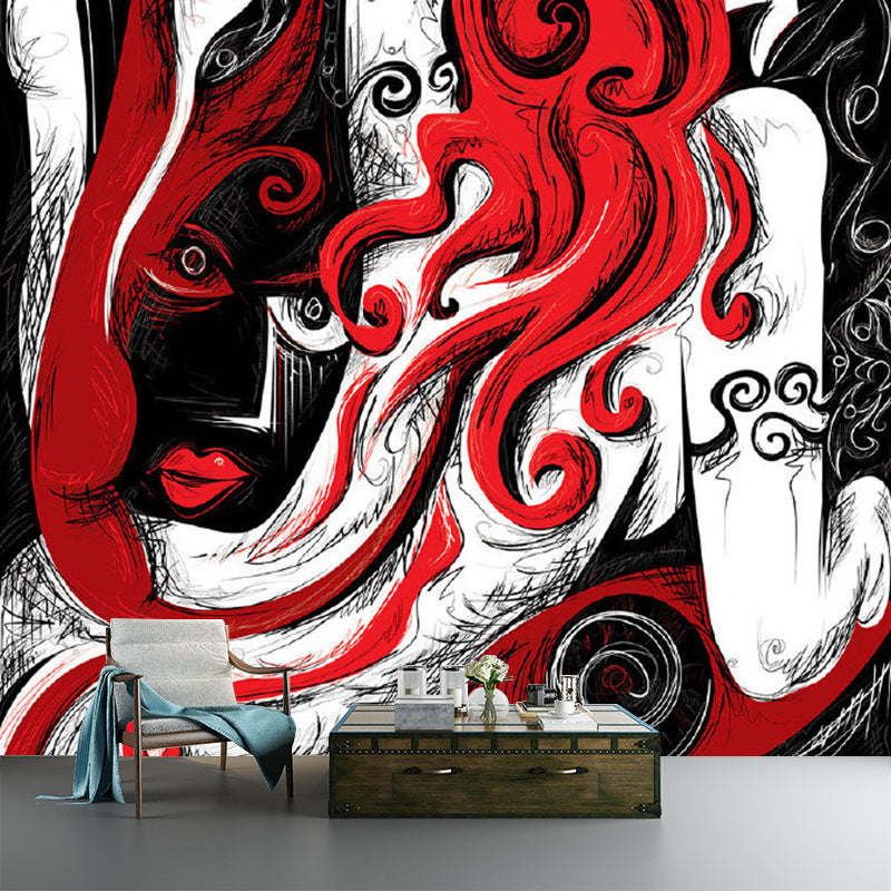 Red-Black Art Deco Wallpaper Murals Full-Size Human Painting Wall Covering for Home Red-Black Clearhalo 'Wall Decor' 'Wall Mural' 1285312