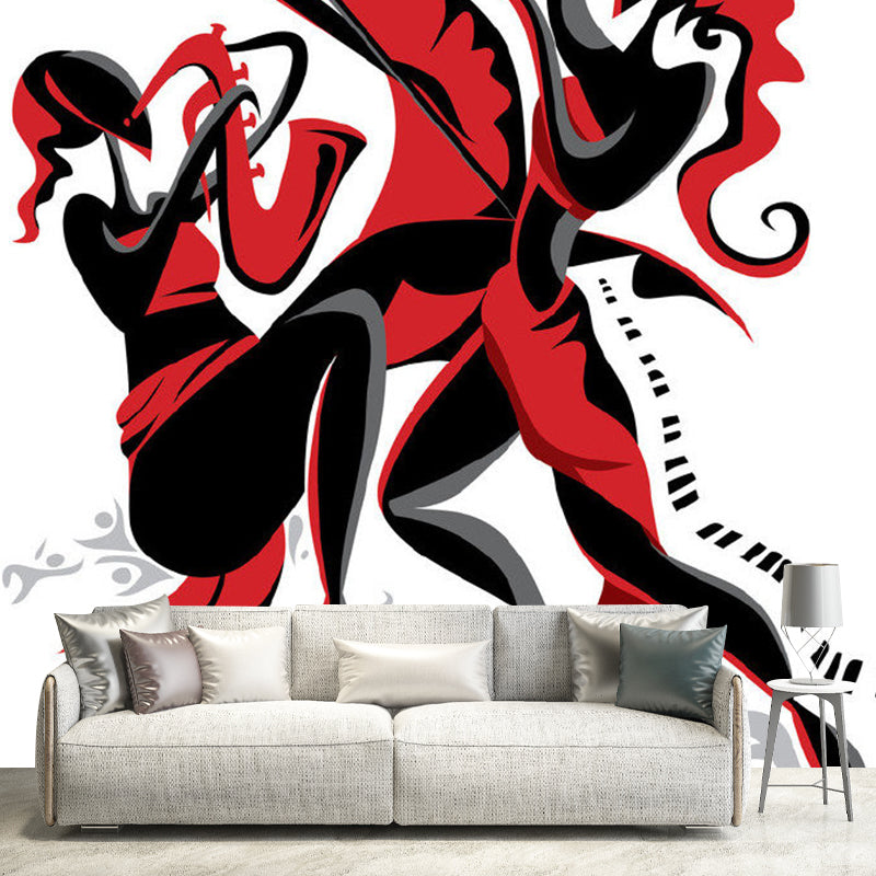 Illustration Girls Ensemble Wall Mural for Bedroom, Red and Black, Made to Measure Red-Black Clearhalo 'Wall Decor' 'Wall Mural' 1285322