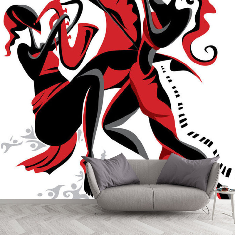 Illustration Girls Ensemble Wall Mural for Bedroom, Red and Black, Made to Measure Clearhalo 'Wall Decor' 'Wall Mural' 1285323