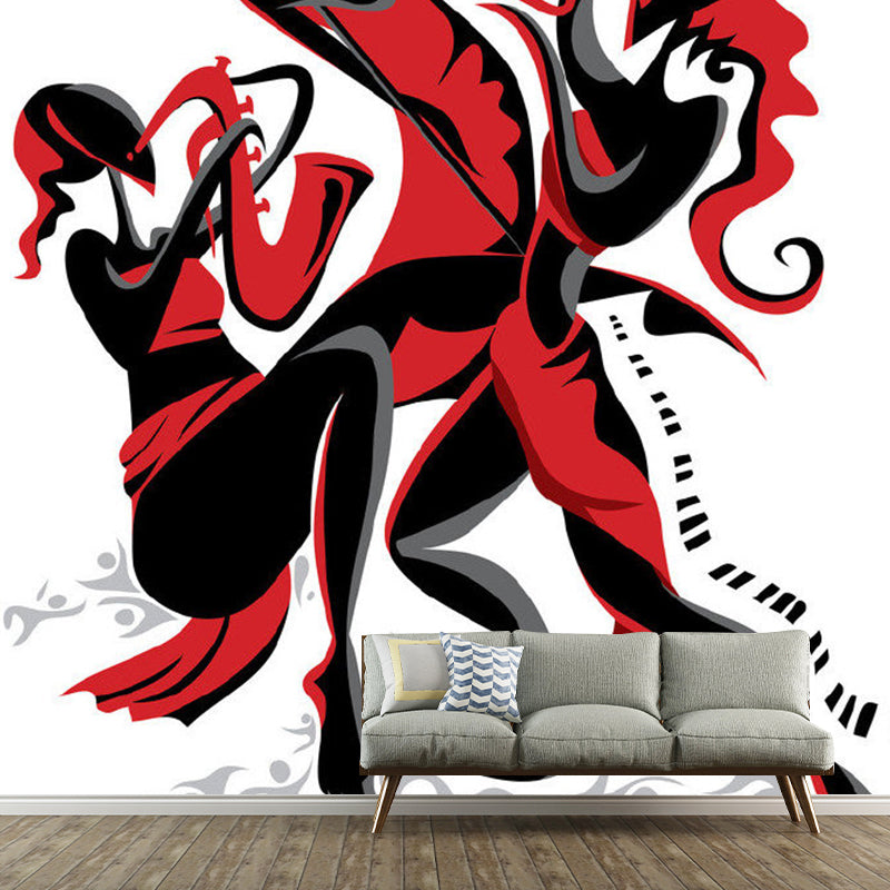 Illustration Girls Ensemble Wall Mural for Bedroom, Red and Black, Made to Measure Clearhalo 'Wall Decor' 'Wall Mural' 1285324