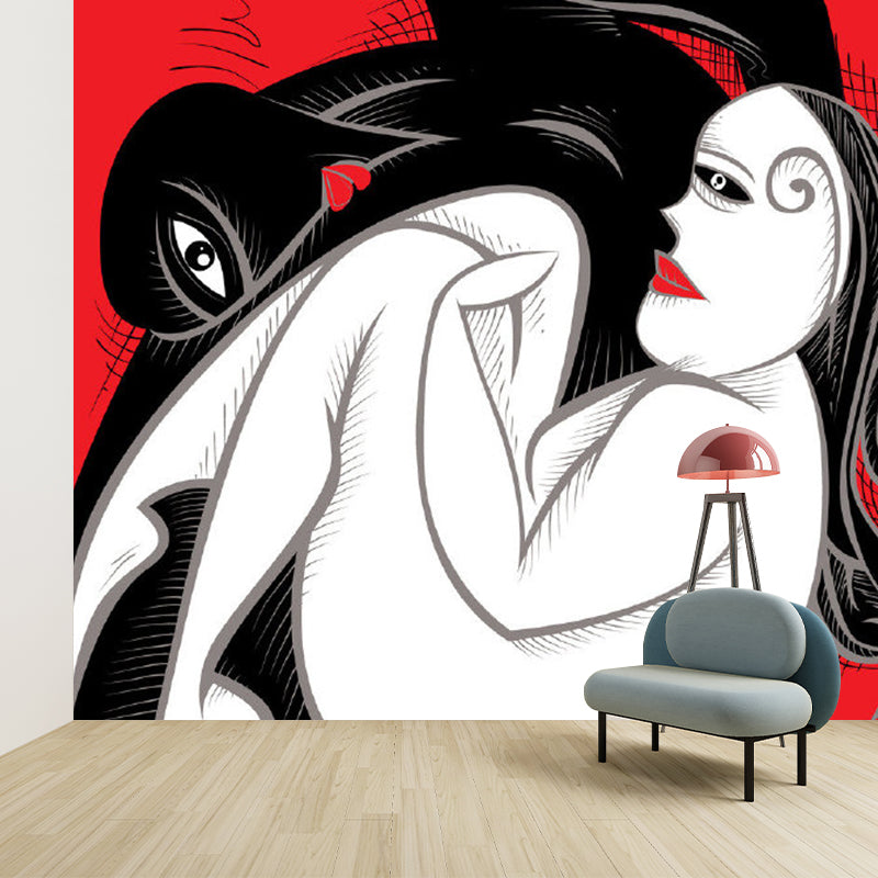 Large Twisted Men Painting Murals Moisture Resistant Artistic Bedroom Wall Covering Red-Black Clearhalo 'Wall Decor' 'Wall Mural' 1285332