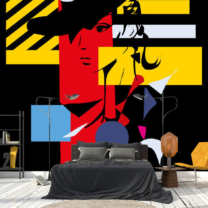 Art Deco Girls Wall Paper Murals with Woman Wearing Top Hat Painting, Black-Red-Yellow Black-Red-Yellow Clearhalo 'Wall Decor' 'Wall Mural' 1285347